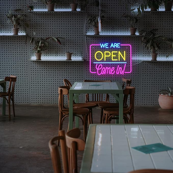 we are open come in neon light